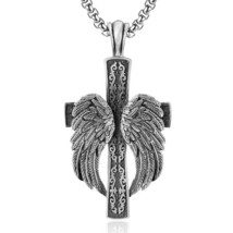 Men&#39;s Large Catholic Winged Cross Pendant Necklace Christian Jewelry Chain 24&quot; - £7.73 GBP