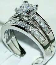 3.15Ct Princess White Diamond Simulated Wedding Bridal Ring Set 14K white Gold - £219.33 GBP