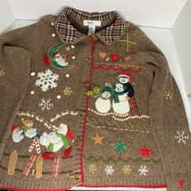 Vintage KIKIT Holiday Not Ugly Christmas Sweater Cardigan Snowmen Snowflakes M - £38.15 GBP