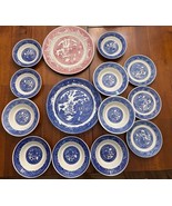 14 Pc Vtg Blue &amp; Red Transferware Plates &amp; Bowls Willow Pattern - $569.53 MXN