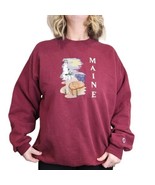 Vintage 90s Maine Large Embroidered Crewneck Sweatshirt Maroon Lighthous... - $48.21