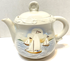 VTG 1950s Porcelier Viterous Hand China USA 3D Sailing Ships Tea Pot  Lid 9x9&quot; - £35.39 GBP