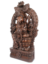  60&quot;Lage Ten Armed Lord Ganesha Seated on Kirtimukha Throne | Wood Carved Statue - £3,156.65 GBP