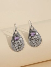 Silver Purple Flower Dangle Drop Earrings - £9.22 GBP