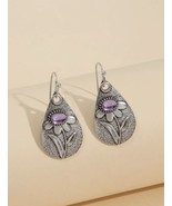 Silver Purple Flower Dangle Drop Earrings - £9.29 GBP