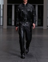 Black Belted Pockets Fashionable Lambskin Handmade Leather Jumpsuit Mult... - £165.49 GBP+
