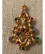 Vtg. Christmas Tree Pin Brooch Monet Multicolor Rhinestone Gem Bling Signed - $15.70