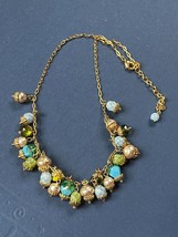 Goldtone Chain w Turquoise Aqua Green &amp; Faux Champagne Bead Fringe Necklace – - £11.70 GBP
