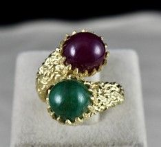 ANTIQUE NATURAL EMERALD RUBY ROUND GEMSTONE DIAMOND 925 SILVER CARVED RING - £680.95 GBP