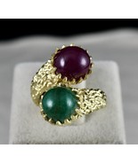 ANTIQUE NATURAL EMERALD RUBY ROUND GEMSTONE DIAMOND 925 SILVER CARVED RING - £675.58 GBP