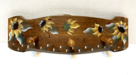 Vintage Hand Painted Sunflowers Ladybugs Curved Wood Peg Wall Hanging 14... - £18.73 GBP