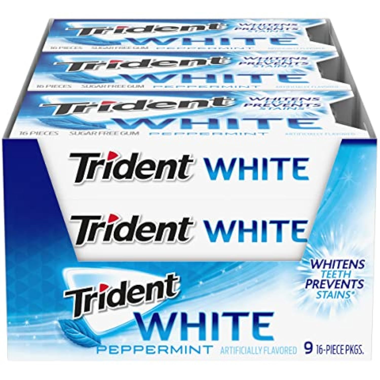 Trident White Peppermint Sugar Free Gum, 9 Packs of 16 Pieces (144 Total Pieces)