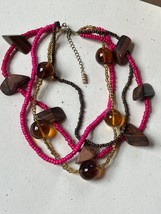 Chunky Amber Hot Pink w Dark Wood Beads Multistrand Necklace – 16 inches long - £10.22 GBP