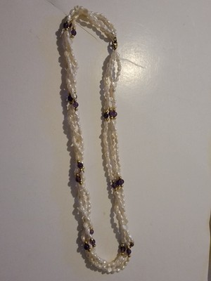 VINTAGE  Genuine Rice Pearl and Gold Ball Three Strand Necklace Clasp - £79.40 GBP