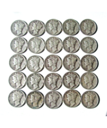 25 Mercury Dimes 90% silver 1942, 1943, 1944, P &amp; D Mints, Full Dates F,... - $74.25
