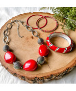 Premier Designs Red Stone Silver Ball Bead Chain Necklace + Bangle Brace... - $455.40 MXN
