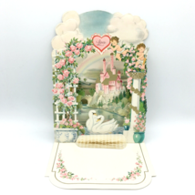 POP-UP vintage Valentine&#39;s Day card - castle swans roses honeycomb diecut emboss - £15.73 GBP