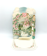 POP-UP vintage Valentine&#39;s Day card - castle swans roses honeycomb diecu... - £15.73 GBP