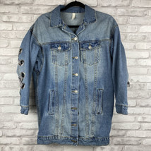Primi Denim Jacket Med/Large Silver Rivots Black White Ribbon Across Bac... - $28.44