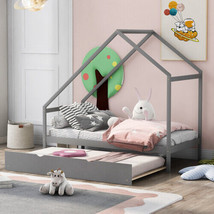 Twin Size Wooden House Bed With Twin Size Trundle, Gray - £207.56 GBP