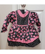 Vintage 80s Pink Black Floral Roses Longsleeve Dress Cotton Baby Girls 3T - $45.04 CAD