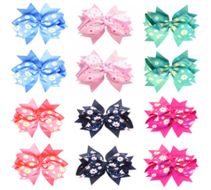 Pack of 6 &amp; 12 Girls Flower Printed Grosgrain Ribbon Double Layer Big Ha... - £7.77 GBP+