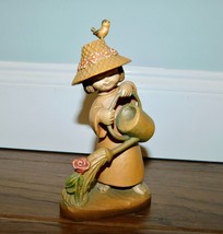 ANRI Wood Carving Italy &quot;The Gardener&quot; Figurine Girl Watering Flower 6&quot; NICE! - £23.64 GBP