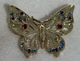 Vintage Butterfly Blue /Red/Purple Rhinestone Brooch/Pin By DANECRAFT Goldtone - £11.62 GBP