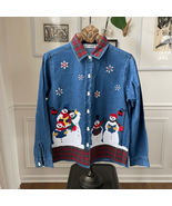 Vintage Dressbarn Chambray Denim Snowman Applique Embroidered Shirt M - $429.46 MXN