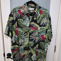 Vintage Robert Stock Hawaiian Shirt | Black &amp; Green Tropical Floral | Me... - $24.00
