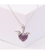 925 Sterling Silver Pavé Heart and Angel Wings Necklace with Ruby Red Zi... - $24.66