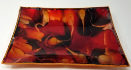 Artisanal Enameled Abstract Glass Tray Vibrant Crimson Amber Tones Foil ... - $28.45
