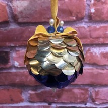 VTG Handmade Push Pin Beaded Sequin Velvet Ribbon Christmas Ornament Gold Blue - £15.59 GBP