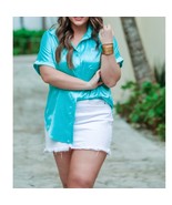 Danica Short Sleeve Button Up Top Aqua - $717.22 MXN