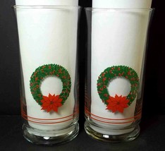 Pair 2 Christmas holly wreath glass tumblers by Libbey 10oz vintage - £8.69 GBP