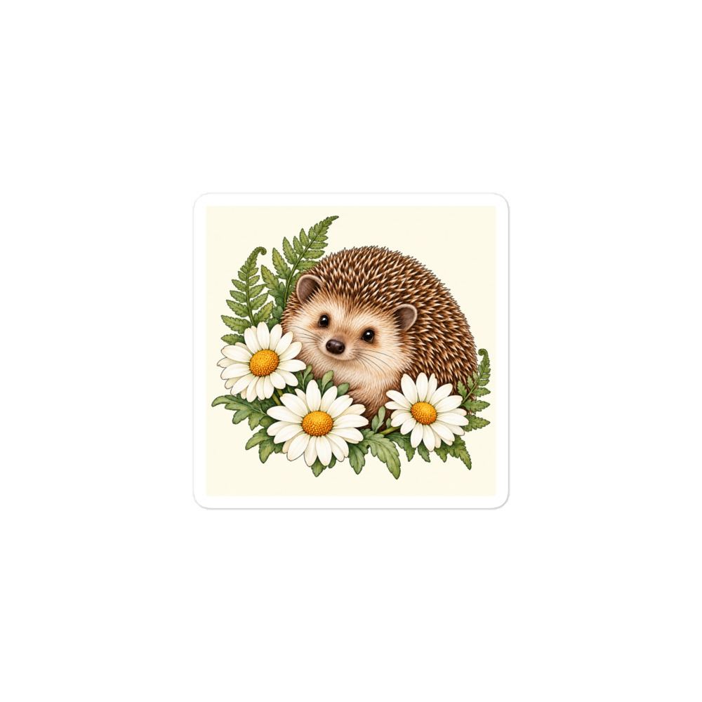 Supplier mockup of one square Hedgehog Daisy vinyl sticker on an ivory background