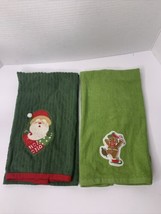 2 Pc Vintage Decorative Green Hand Towels Christmas Santa And Gingerbread Man - £6.28 GBP