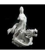 KWAN YIN ON DRAGON STATUE 12.5&quot; Quan Yin Guan Buddha Goddess White Marbl... - €104,09 EUR
