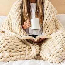 Samiah Luxe Chunky Knit Blanket 50X60 Buttercream - Beige Luxury Chenille - £110.30 GBP