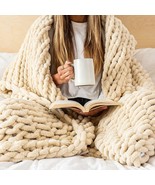 Samiah Luxe Chunky Knit Blanket 50X60 Buttercream - Beige Luxury Chenille - £107.88 GBP