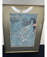 Antique Style Japanese Samurai Woodblock Print Warrior in Waves - Framed... - €174,24 EUR