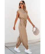 Light French Beige Cap Sleeve Open Back Drawstring Jogger Jumpsuit - $613.39 MXN