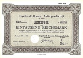 Engelhardt +1998 Berlin 1000 Reichsmark 1928 German Stock Certificate - $19.50