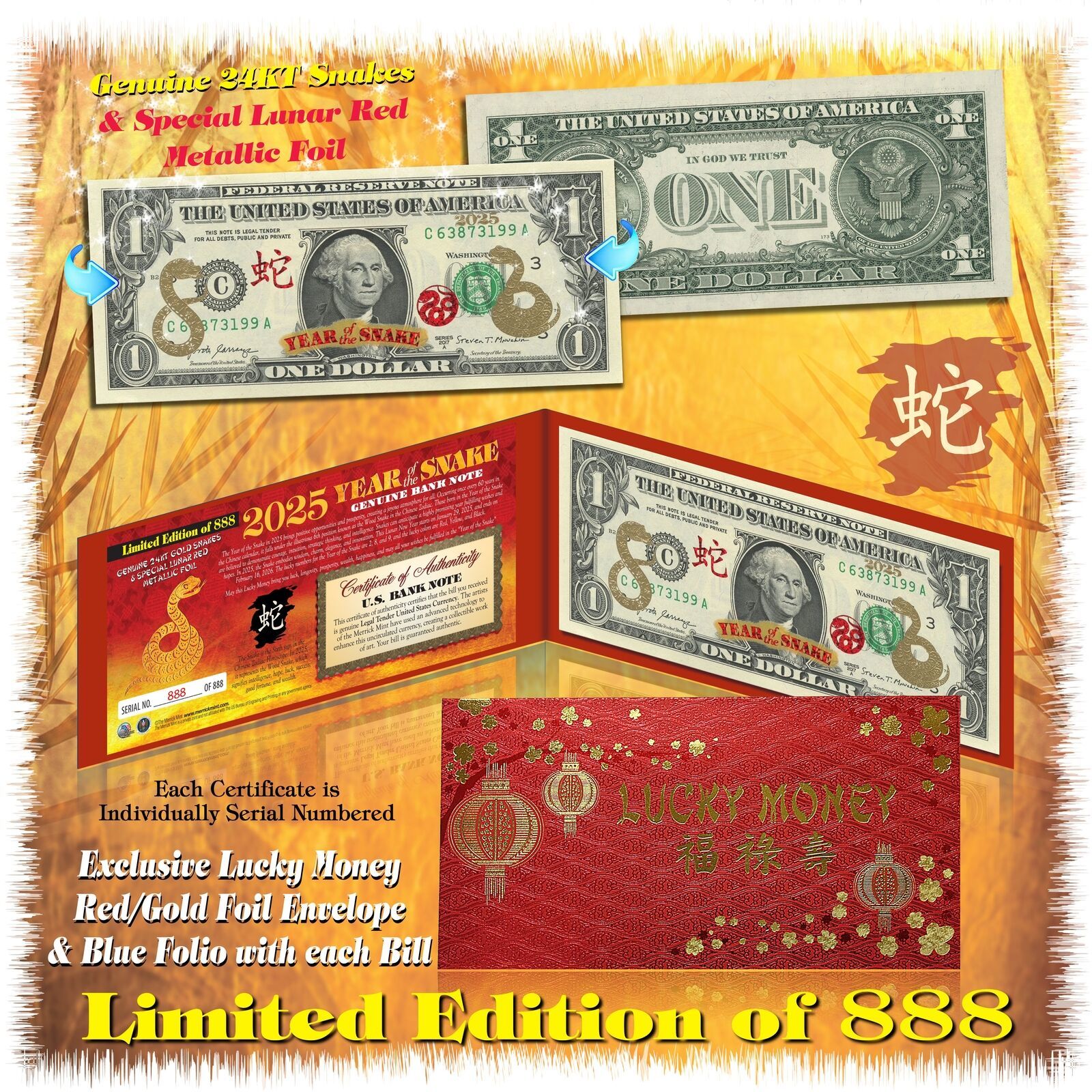 2025 Lunar Chinese New YEAR OF THE SNAKE 24K GOLD Legal Tender $1 BILL L... - $12.16