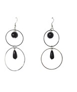 Elegant Silver Tone Hoop Black Bead Stacked Earrings Womens Costume Jewelry - $20.85 CAD