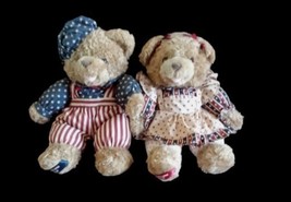 Vintage Americana American Flag 2 Teddy Bears 15&quot; Plush Stuffed Male And Female - £23.33 GBP
