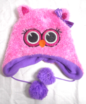Midwood Brand Glitter Eyes/Ears Pink Purple Girls Owl Face Knit Hat w Pom Poms - £11.00 GBP
