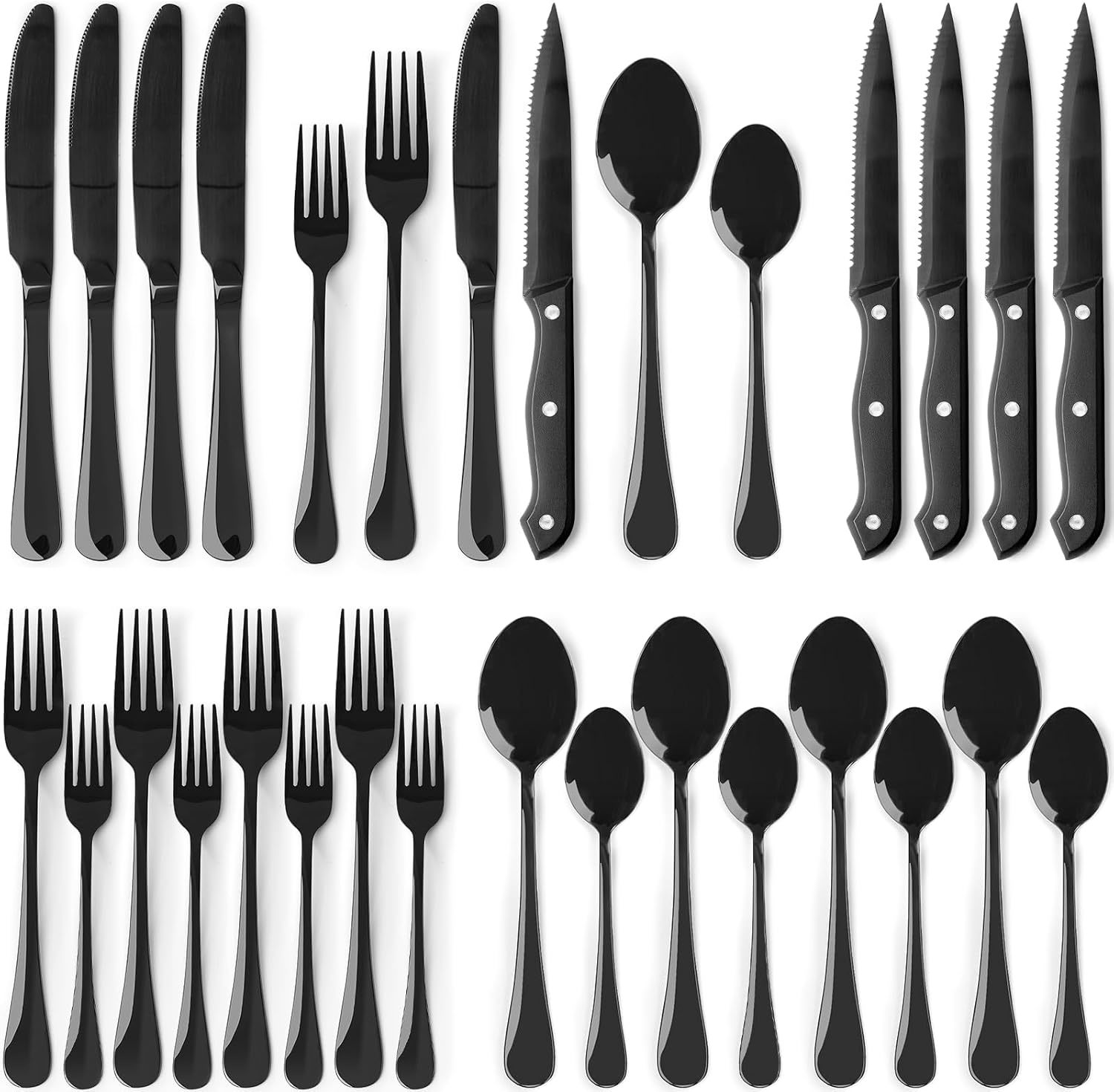 Astercook 24-Piece Black Silverware Set With Steak Knives Flatware Set F... - $45.92