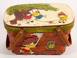 Vintage Signed Woven Basket Purse - Painted Children Playing Under Tree Wood Bag - £33.63 GBP