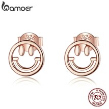 bamoer Simple Smile Face Studs Earrings 925 Silver Rose Gold Color Lucky Earring - £16.05 GBP
